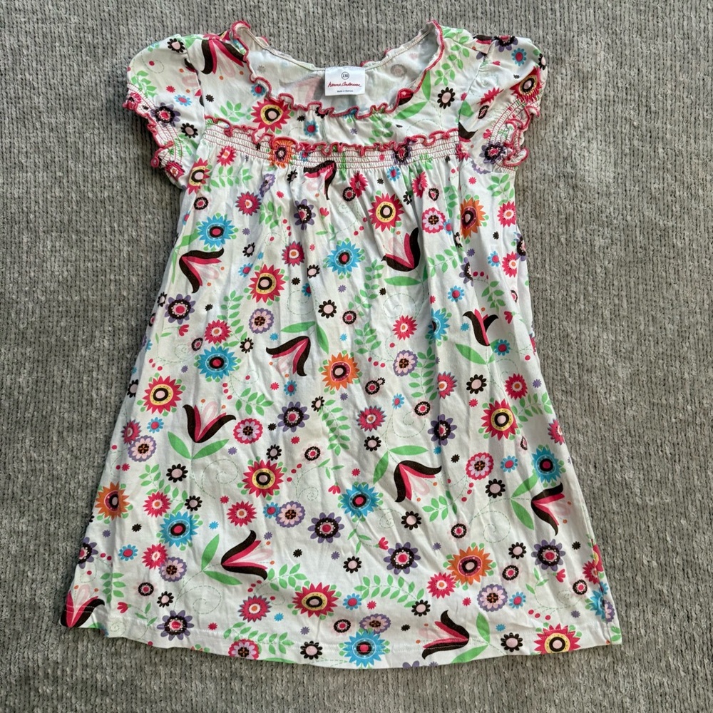 Hanna Andersson Girls Floral Dress Size 130 Colorful Cotton Short Sleeve
